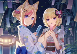Rule 34 | 2girls, animal ear fluff, bamboo, blonde hair, blue flower, blush, bow, braid, closed mouth, commentary request, copyright request, covered mouth, floral print, flower, grey kimono, hair between eyes, hair bow, hair bun, hair flower, hair ornament, hairclip, hitsuki rei, holding, japanese clothes, kimono, multicolored hair, multiple girls, obi, parted bangs, pink flower, pink hair, print kimono, purple eyes, purple flower, sash, short hair, single hair bun, smile, stone lantern, streaked hair, tanabata, tanzaku, upper body, virtual youtuber, white kimono