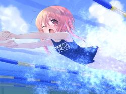 Rule 34 | 00s, 1girl, akihime sumomo, blush, cloud, day, from below, game cg, holding hands, lane line, name tag, nanatsuiro drops, one-piece swimsuit, open mouth, red eyes, red hair, school swimsuit, short hair, sky, swimming, swimsuit, underwater, water, wince