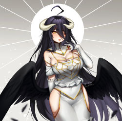 Rule 34 | 1girl, ahoge, albedo (overlord), bare hips, bare shoulders, black hair, black wings, breasts, cleavage, commentary, detached collar, elbow gloves, english commentary, feathered wings, gloves, gold trim, gradient background, hair between eyes, hand on own chest, high collar, hip vent, horns, jewelry, large breasts, long hair, looking at viewer, low wings, one eye closed, open mouth, overlord (maruyama), ring, solo, terupancake, wedding ring, white gloves, wings, yellow eyes