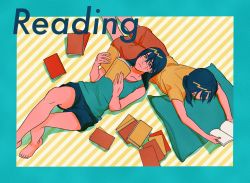 Rule 34 | 2girls, barefoot, black hair, blue shirt, book, book stack, casual, chainsaw man, crossed legs, drgryu750, highres, holding, holding book, limited palette, long hair, lying, mitaka asa, multiple girls, on back, on stomach, reading, shirt, shorts, striped, striped background, toes, yellow shirt, yoru (chainsaw man)