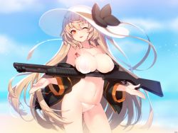 Rule 34 | 1girl, bikini, black bow, black jacket, blonde hair, bow, breasts, character name, cleavage, cowboy shot, day, girls&#039; frontline, gun, halterneck, hat, hat bow, highres, holding, holding weapon, jacket, large breasts, long hair, looking at viewer, m37 (girls&#039; frontline), m37 (summer parader) (girls&#039; frontline), navel, official alternate costume, one eye closed, outdoors, red eyes, rheez, shotgun, smile, solo, sparkle, standing, sun hat, sunlight, swimsuit, tattoo, tongue, tongue out, very long hair, weapon, white bikini, white hat