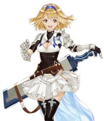 Rule 34 | 10s, 1girl, :d, alternate costume, armor, belt, blonde hair, boots, breasts, brown eyes, cleavage, djeeta (granblue fantasy), frilled skirt, frills, gauntlets, gloves, granblue fantasy, granblue fantasy: relink, granblue fantasy project re:link, hairband, highres, looking at viewer, medium breasts, open mouth, round teeth, ruisento, sheath, sheathed, short hair, simple background, skirt, smile, solo, sword, teeth, thigh boots, thighhighs, weapon, white background