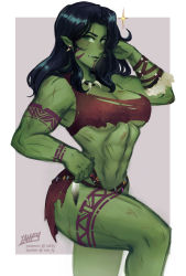 Rule 34 | 1girl, abs, arm up, biceps, black hair, border, breasts, cleavage, colored skin, earrings, fang, feathers, feet out of frame, green eyes, green skin, grey background, hand on own hip, iahfy, jewelry, large breasts, long hair, looking at viewer, marvel, muscular, muscular female, necklace, orc, pointy ears, she-hulk, simple background, solo, tattoo, tooth necklace, torn clothes, white border