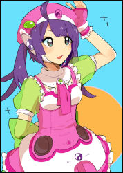 Rule 34 | 1girl, ahoge, asari melon, blue background, blush, breasts, dress, fingerless gloves, gloves, hat, long hair, medium breasts, open mouth, pink dress, pink gloves, pink hat, purple hair, see-through, solo, tone rion, vocaloid