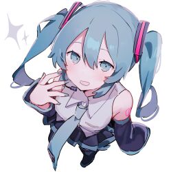 Rule 34 | 1girl, :d, absurdres, arm at side, bare shoulders, black skirt, black sleeves, black thighhighs, blue eyes, blue hair, blue nails, blue necktie, blush, collared shirt, detached sleeves, foreshortening, from above, hair between eyes, hair ornament, hand up, hatsune miku, headset, highres, long sleeves, looking at viewer, microphone, nail polish, necktie, number tattoo, open mouth, pleated skirt, shiratakiseaice, shirt, sidelocks, simple background, skirt, sleeveless, sleeveless shirt, smile, solo, sparkle, tattoo, thighhighs, tie clip, twintails, vocaloid, white background, white shirt