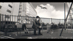 Rule 34 | 1boy, 1girl, absurdres, advarcher, artist name, bench, blurry, blurry background, building, cloud, commentary, fence, fins, fish tail, gawr gura, greyscale, highres, hololive, hololive english, letterboxed, long sleeves, monochrome, outdoors, own hands clasped, own hands together, shark tail, sitting, solid circle eyes, tail, trash can, virtual youtuber, yagoo