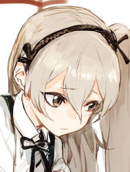 Rule 34 | 10s, 1girl, black ribbon, brown eyes, closed mouth, collared shirt, commentary request, girls und panzer, grey hair, hair between eyes, hairband, hiranko, long hair, neck ribbon, ribbon, shimada arisu, shirt, side ponytail, simple background, solo, upper body, white background, white shirt