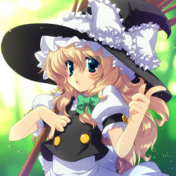 Rule 34 | 1girl, :o, blonde hair, blue eyes, bow, female focus, gotou nao, hair bow, hat, highres, jpeg artifacts, kirisame marisa, pointing, solo, touhou, witch, witch hat