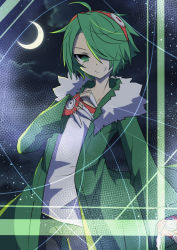 Rule 34 | 10s, 1boy, ahoge, akame ga kill!, bad id, bad pixiv id, coat, crescent moon, gloves, goggles, goggles on head, green eyes, green hair, hair over one eye, long sleeves, lubbock, male focus, matching hair/eyes, moon, short hair, sky, solo, star (sky), starry sky, wire