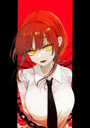 Rule 34 | 1girl, @ @, black necktie, braid, braided ponytail, breasts, chain, chainsaw man, collared shirt, fua yuu, half-closed eyes, highres, large breasts, looking at viewer, makima (chainsaw man), necktie, open mouth, red background, red hair, shirt, upper body, yellow eyes