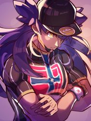 Rule 34 | 1boy, baseball cap, blurry, bright pupils, champion uniform, closed mouth, commentary request, creatures (company), crossed arms, dark-skinned male, dark skin, dynamax band, facial hair, game freak, gloves, hat, highres, imu (acmg3475), leon (pokemon), long hair, male focus, nintendo, partially fingerless gloves, pectorals, pokemon, pokemon swsh, purple hair, shield print, shirt, short sleeves, single glove, solo, split mouth, sword print, upper body, white pupils, yellow eyes