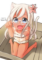 Rule 34 | 10s, 1girl, :d, animal ears, bad id, bad pixiv id, bespectacled, blonde hair, blue eyes, box, cat ears, cat tail, fang, glasses, highres, in box, in container, kantai collection, long hair, navel, nekobaka, open mouth, paw pose, ro-500 (kancolle), semi-rimless eyewear, smile, solo, tail, tan, tanline, under-rim eyewear, white-framed eyewear