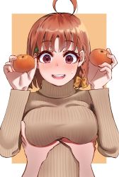 Rule 34 | 1girl, :d, ahoge, blush, border, bow, braid, breasts, brown hair, brown sweater, food, fruit, groping, hair bow, hands up, highres, holding, igarashi kyouhei, long sleeves, love live!, love live! sunshine!!, mandarin orange, medium breasts, open mouth, orange background, red eyes, ribbed sweater, side braid, smile, solo focus, sweat, sweater, takami chika, white border, wide-eyed, yellow bow