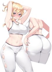 Rule 34 | 1girl, ass, blonde hair, blush, breasts, breasts apart, commentary request, genshin impact, grey eyes, jean (genshin impact), kuavera, large breasts, multiple views, navel, pants, ponytail, sideboob, sidelocks, sports bra