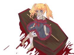 Rule 34 | 1girl, bare shoulders, barefoot, black dress, blonde hair, blood, blue eyes, character request, coffin, dress, extra eyes, frilled dress, frills, full body, heart, heart-shaped pupils, heterochromia, highres, long hair, looking at viewer, nagai gojitsudan no nechronica, nail polish, off-shoulder dress, off shoulder, omase (mnnk umai), parted lips, patchwork skin, pink nails, puffy short sleeves, puffy sleeves, red eyes, ringlets, short sleeves, simple background, sitting, solo, stitches, symbol-shaped pupils, twintails, white background