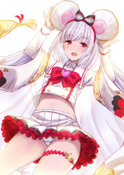 Rule 34 | 1girl, :d, akai kagerou, animal ears, arms up, blunt bangs, bridal garter, brooch, commentary request, frilled skirt, frills, granblue fantasy, hairband, heart, heart brooch, jewelry, long sleeves, looking at viewer, midriff, mouse ears, navel, open mouth, panties, red eyes, red hairband, short hair, simple background, skirt, smile, solo, underwear, vikala (granblue fantasy), white background, white hair, white panties, white skirt, wide sleeves