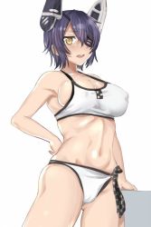 Rule 34 | 10s, 1girl, bad id, bad twitter id, bikini, breasts, cleavage, collarbone, eyepatch, female focus, hand on own hip, headgear, kantai collection, large breasts, looking at viewer, navel, new yukuyon, open mouth, purple hair, short hair, sideboob, solo, swimsuit, tenryuu (kancolle), white background, yellow eyes