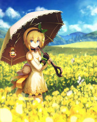 Rule 34 | 10s, 1girl, bad id, bad pixiv id, bare shoulders, black neckwear, blonde hair, blue eyes, blue sky, bug, butterfly, choker, cloud, day, dress, edna (tales), field, flower, flower field, gloves, hair ribbon, hairband, highres, insect, kaina (tsubasakuronikuru), leg ribbon, looking at viewer, mountain, nature, normin (tales), outdoors, ribbon, short hair, side ponytail, single glove, sky, smile, solo, tales of (series), tales of zestiria, tress ribbon, umbrella, white dress