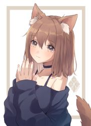Rule 34 | 1girl, animal ear fluff, animal ears, bare shoulders, black choker, black shirt, blush, brown eyes, brown hair, choker, closed mouth, commentary request, hands up, highres, long hair, long sleeves, looking at viewer, nanatsuka, off-shoulder shirt, off shoulder, original, shirt, sleeves past wrists, smile, solo, steepled fingers, tail, tail raised, white background