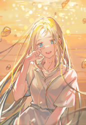 Rule 34 | 1girl, beach, blonde hair, blue eyes, breasts, chinese commentary, commentary request, cowboy shot, dress, highres, jewelry, kofune ushio, long hair, looking at viewer, necklace, open mouth, shell, shell necklace, short sleeves, solo, summertime render, sundress, tears, white dress, wiping tears, yuxia xianyin