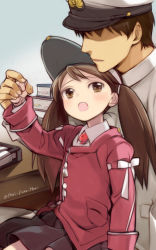 Rule 34 | 10s, 1boy, 1girl, :o, admiral (kancolle), blush, book, brown eyes, brown hair, commentary request, faceless, faceless male, holding hands, hat, hetero, japanese clothes, kantai collection, kariginu, long hair, long sleeves, magatama, peaked cap, primary stage, ryuujou (kancolle), sitting, sitting on lap, sitting on person, twintails, twitter username, visor cap