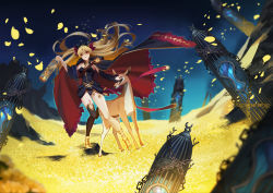Rule 34 | 1girl, animal, blonde hair, cape, detached sleeves, ereshkigal (fate), fate/grand order, fate (series), fur-trimmed collar, fur trim, hair ribbon, highres, lantern, long hair, looking at viewer, maomaozi, petals, petting, red eyes, red ribbon, ribbon, single thighhigh, thighhighs, wind