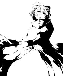 Rule 34 | 1girl, bad id, bad pixiv id, bow, closed mouth, clothes lift, commentary request, dress, dress lift, greyscale, hair bow, highres, light frown, looking at viewer, monochrome, no legs, sekibanki, short hair, simple background, solo, touhou, yurakokko