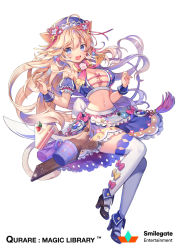 Rule 34 | 1girl, ahoge, animal ears, blonde hair, blue eyes, blush, breasts, cake, cat ears, cleavage, coffee, cup, disposable cup, food, high heels, large breasts, long hair, looking at viewer, mug, navel, official art, open mouth, purple skirt, qurare magic library, skirt, solo, thighhighs, wavy mouth, white thighhighs, yeonwa
