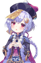 Rule 34 | 1girl, :o, bad id, bad pixiv id, bead necklace, beads, blush, braid, chinese clothes, dated, fingers together, genshin impact, hair ornament, hat, jewelry, jiangshi, long hair, long sleeves, necklace, ofuda, open mouth, pink eyes, purple hair, qingdai guanmao, qiqi (genshin impact), shiro albino, signature, simple background, solo, sparkle, tassel, upper body, white background