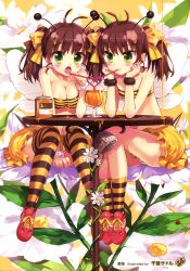 Rule 34 | 2girls, :o, absurdres, antenna hair, antennae, arthropod girl, artist name, bandeau, bare shoulders, bee costume, bee girl, between legs, blush, breasts, brown hair, bug, chiba sadoru, cleavage, cup, drinking, drinking glass, drinking straw, elbow rest, flat chest, flower, food, food on body, food on head, frilled skirt, frills, green eyes, hair ribbon, hand between legs, highres, honey, insect, insect girl, jar, ladybug, legs together, long hair, miniskirt, multiple girls, navel, object on head, open mouth, original, panties, pantyshot, ribbon, scrunchie, shoes, sitting, skirt, smile, sneakers, socks, strapless, striped clothes, striped legwear, striped panties, striped socks, striped thighhighs, table, thighhighs, tube top, twintails, underwear, wine glass, wings, wrist cuffs, wrist scrunchie, yellow skirt