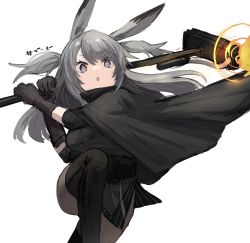 Rule 34 | 1girl, animal ears, arknights, black gloves, black pantyhose, commentary request, gloves, grey background, grey eyes, grey hair, hair between eyes, highres, holding, holding weapon, horn/wood, long hair, looking at viewer, open mouth, pantyhose, rabbit ears, savage (arknights), simple background, solo, standing, standing on one leg, thighhighs, translation request, weapon