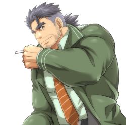Rule 34 | 1boy, bara, beard, black hair, cigarette, copyright request, facial hair, jacket, male focus, mature male, muscular, muscular male, necktie, ponytail, smoking, solo, sunfight0201