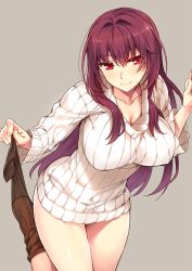Rule 34 | 1girl, black legwear, blush, breasts, cleavage, closed mouth, collarbone, commentary request, covered erect nipples, cowboy shot, dress, fate/grand order, fate (series), large breasts, long hair, long sleeves, looking at viewer, purple hair, red eyes, ribbed sweater, scathach (fate), smile, solo, sweater, sweater dress, thighhighs pull, very long hair, yanagi (tsukiakari)