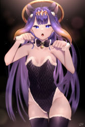 Rule 34 | 1girl, :o, absurdres, ahoge, alternate costume, animal ear fluff, animal ears, bare hips, bare shoulders, bell, black background, black thighhighs, blue eyes, blunt bangs, bow, bowtie, breasts, cat ears, collarbone, contrapposto, covered erect nipples, cowboy shot, detached collar, diamond hairband, extra ears, fangs, fur trim, halo, hands up, highres, hololive, hololive english, jingle bell, kemonomimi mode, leotard, long hair, looking at viewer, maka aratame, neck bell, ninomae ina&#039;nis, open mouth, orange hair, paw pose, purple hair, simple background, small breasts, solo, tentacle hair, thigh gap, thighhighs, traditional bowtie, very long hair, virtual youtuber, wristband