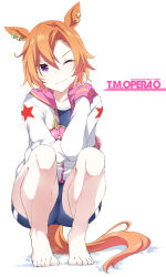 Rule 34 | 1girl, animal ears, barefoot, blue one-piece swimsuit, character name, copyright name, ear piercing, hair between eyes, head tilt, horse ears, horse girl, horse tail, jacket, long sleeves, one-piece swimsuit, one eye closed, orange hair, piercing, pink eyes, shigino sohuzi, short hair, simple background, smile, solo, split mouth, squatting, star (symbol), swimsuit, swimsuit under clothes, t.m. opera o (umamusume), tail, umamusume, white background, white jacket