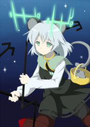 Rule 34 | 1girl, animal ears, basket, black pantyhose, capelet, daizu sanchi, dowsing rod, female focus, fusion, gradient background, green eyes, hirschgeweih antennas, jewelry, mouse ears, mouse tail, nazrin, pantyhose, pendant, sanya v. litvyak, short hair, silver hair, smile, solo, strike witches, tail, touhou, world witches series