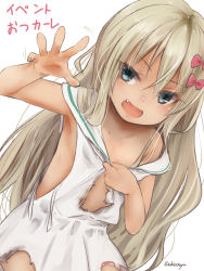 Rule 34 | 1girl, akino shuu, blonde hair, bow, dress, fang, grecale (kancolle), green eyes, hair between eyes, hair bow, kantai collection, long hair, open mouth, pink bow, sailor collar, sailor dress, simple background, sleeveless, sleeveless dress, smile, solo, torn clothes, torn dress, twitter username, white background, white dress, white sailor collar