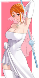 Rule 34 | 1girl, bare shoulders, breasts, bridal veil, bride, cleavage, collarbone, dress, highres, large breasts, nami (one piece), one piece, solo, veil, wedding dress