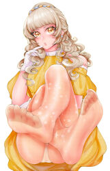Rule 34 | 1girl, absurdres, blonde hair, dress, feet, finger to mouth, highres, himeno ran, long hair, looking at viewer, ohsama sentai king-ohger, open mouth, panties, panties under pantyhose, pantyhose, pantyshot, soles, super sentai, toes, underwear, white background, yellow eyes