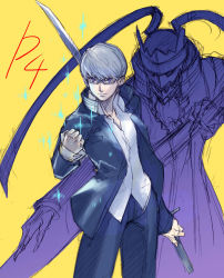 Rule 34 | 1boy, atlus, black jacket, black pants, clenched hand, closed mouth, collarbone, collared shirt, copyright name, cowboy shot, gakuran, grey hair, izanagi (persona 4), jacket, long sleeves, looking at viewer, male focus, narukami yuu, open clothes, open jacket, pants, persona, persona 4, school uniform, sheath, sheathed, shirt, simple background, sketch, smile, sparkle, standing, sword, tetsu (kimuchi), weapon, weapon on back, white shirt, wing collar, yellow background