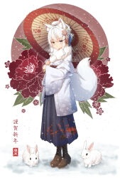 Rule 34 | absurdres, ahoge, animal, animal ear fluff, animal ears, beret, black hakama, blue eyes, blue flower, blue kimono, boots, breath, brown footwear, brown umbrella, chinese zodiac, commentary request, copyright request, coreytaiyo, cross-laced footwear, floral background, floral print, flower, full body, fur collar, green eyes, hair between eyes, hair flower, hair ornament, hakama, hakama skirt, hat, heterochromia, highres, holding, holding umbrella, japanese clothes, kimono, lace-up boots, long sleeves, oil-paper umbrella, pink flower, pink rose, print kimono, rabbit, rose, skirt, snow, snowing, solo, standing, tail, umbrella, virtual youtuber, white background, white hair, white hat, wide sleeves, year of the rabbit