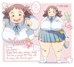 Rule 34 | 1girl, absurdres, breasts, brown hair, character sheet, dasan242, english text, fat, half-closed eyes, highres, huge breasts, miniskirt, original, shirt, shoes, short twintails, skirt, smile, thick thighs, thighs, twintails