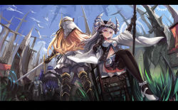 Rule 34 | 2girls, absurdres, black legwear, blonde hair, blush, breasts, character request, cleavage, closed mouth, copyright request, high heels, highres, holding, holding sword, holding weapon, large breasts, letterboxed, looking at viewer, looking away, multiple girls, purple eyes, qihai lunpo, silver hair, sitting, smile, sword, thighhighs, weapon
