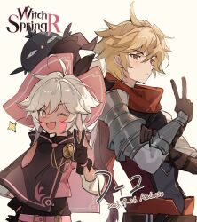 Rule 34 | 1boy, 1girl, armor, belt, bird, black jack (witch springs), blonde hair, blush, cape, commentary, english commentary, gauntlets, highres, justice (witch springs), medium hair, official art, one eye closed, open mouth, pieberry (witch springs), promotional art, red eyes, scarf, shoulder armor, v, white hair, witch springs
