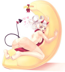 Rule 34 | 1girl, :d, absurdres, anus, arched back, ass, barefoot, bell, blush, bow, breasts, demon girl, demon tail, feet, from behind, full body, hair rings, highres, horns, jingle bell, looking at viewer, medium breasts, naked scarf, nude, one-piece tan, oni horns, open mouth, original, pointy ears, purple eyes, pussy, reason (ficafe), red bow, red scarf, scarf, shoulder blades, silver hair, smile, soles, solo, tail, tail bow, tail ornament, tan, tanline, teeth, uncensored