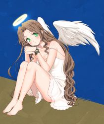 Rule 34 | 1girl, aerith gainsborough, angel wings, bad id, bad pixiv id, barefoot, blue background, blush, bracelet, brown background, brown hair, dress, final fantasy, final fantasy vii, green eyes, hair intakes, halo, highres, jewelry, krudears, long hair, solo, square enix, wavy hair, white dress, wings