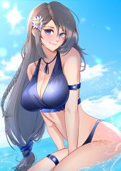 Rule 34 | 1girl, absurdres, alternate costume, armband, artist name, bikini, blue bikini, blue eyes, blue sky, braid, breasts, choker, cleavage, cloud, commentary, english commentary, final fantasy, final fantasy xvi, flower, grey hair, hair flower, hair ornament, highres, jill warrick, large breasts, legband, lips, long hair, looking at viewer, ocean, outdoors, partially submerged, pink lips, pixie (pixieinktvis), ribbon choker, signature, single braid, sky, smile, solo, sun, sunlight, swimsuit, very long hair, water, white flower