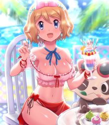 Rule 34 | 1girl, :d, absurdres, alternate costume, blonde hair, blue eyes, blue ribbon, bow, breasts, chair, character print, cleavage, collarbone, commentary request, creatures (company), day, dessert, earrings, eyelashes, food, frills, fruit, game freak, gen 6 pokemon, highres, holding, holding spoon, jewelry, looking at viewer, navel, neck ribbon, nintendo, open mouth, outdoors, pancham, pink bow, plate, pokemoa, pokemon, pokemon (anime), pokemon (creature), pokemon xy (anime), red sarong, ribbon, sarong, serena (pokemon), shiny skin, short hair, sitting, smile, spoon, strawberry, sunglasses, sylveon, table, wrist ribbon