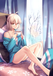 Rule 34 | 1girl, ahoge, aqua shirt, bare shoulders, barefoot, black bow, blonde hair, bow, breasts, camisole, closed mouth, coffee, coffee mug, cup, curtains, fate/grand order, fate (series), feet, gogatsu fukuin, hair between eyes, hair bow, half updo, highres, koha-ace, legs, long sleeves, looking at viewer, medium breasts, mug, off shoulder, okita souji (fate), okita souji (koha-ace), pillow, shirt, short hair, sitting, smile, snowflake print, solo, white camisole, window, yellow eyes