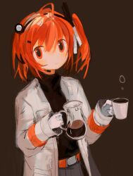 Rule 34 | 1girl, a.i. voice, adachi rei, belt, black shirt, blush, brown background, coffee, coffee mug, coffee pot, commentary, cowboy shot, cup, gloves, hair ornament, hair ribbon, hairclip, hands up, head tilt, headlamp, headphones, holding, holding cup, jacket, looking at viewer, mug, one side up, open clothes, open jacket, orange belt, orange eyes, orange hair, radio antenna, ribbon, shirt, simple background, smile, solo, symbol-only commentary, tenpibo ramune, utau, white gloves, white jacket, white ribbon